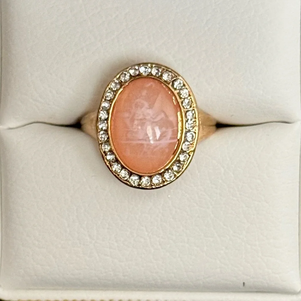 Gold Tone Oval Halo Ring with Peach Stone - Picture 2 of 4